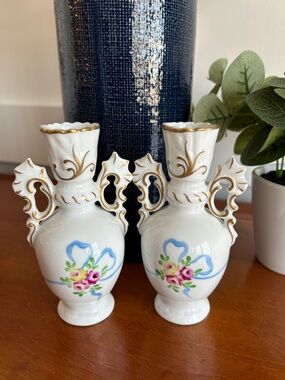 Pair Vintage bud vases Double handle hand painted porcelain antique Vista Alegre